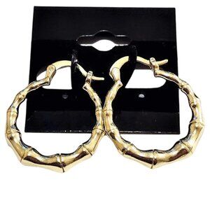 1 1/8 Inch 27mm Bamboo Hoop Pierced Post Earrings Gold Tone